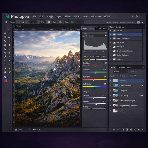 Photopea creative editing tools and image enhancement preview